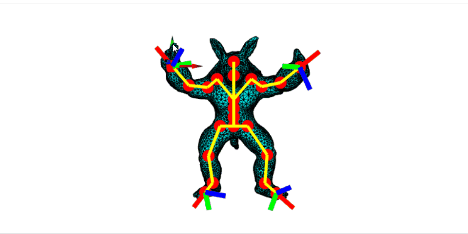 A triangulated mesh armadillo with control handles being moved to show its limbs moving, exemplifying inverse kinematics