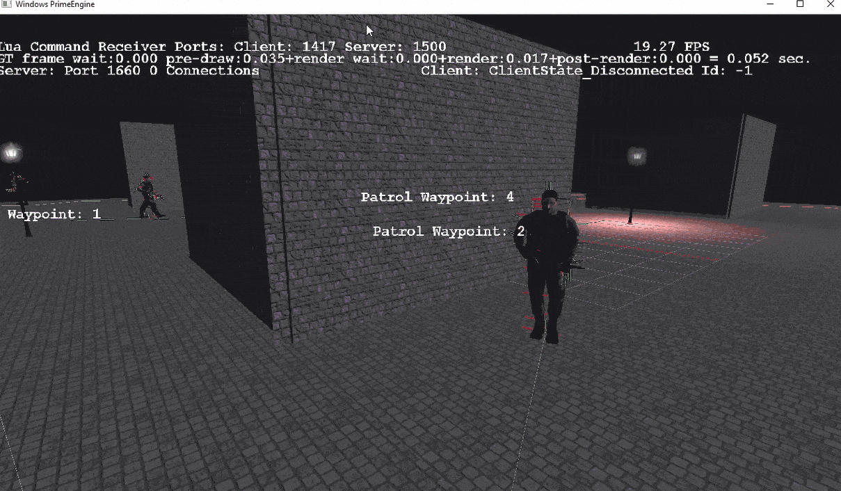 A gif showing a navmesh being used by soliders. More than 5 soldiers are running towards the player and are showing pathing algorithms.