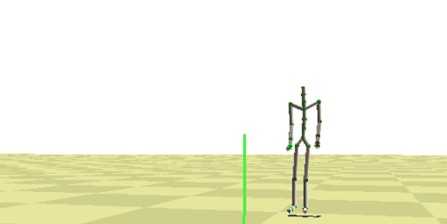 A gif showing two mocap models dancing, a green point model with pre-read data and a red point model showing computed values.