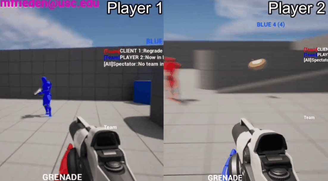 A gif showing two screens side by side of a first person shooter, where the left player is fighting against the right player.